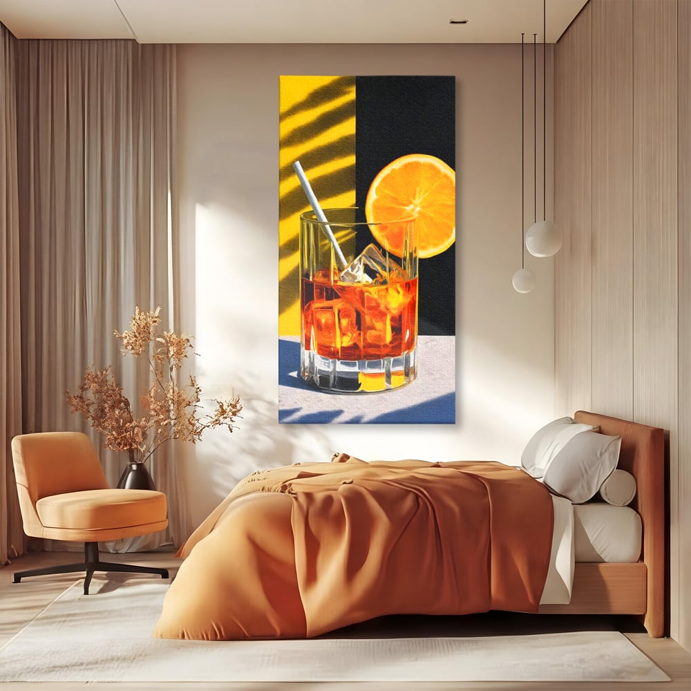 Tablou canvas cu ilustratie cu pahar de cocktail si portocala, fara rama, pe sasiu de lemn, pe perete intr-un dormitor
